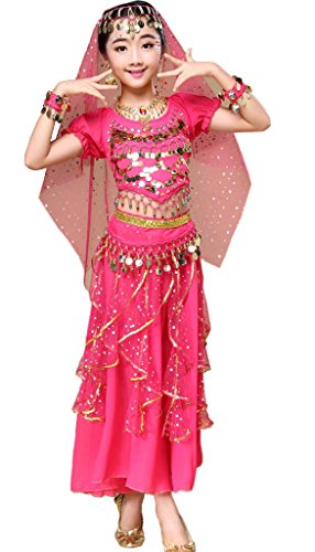 Astage Niña Traje Danza del Vientre Lentejuelas Danza India Halloween Disfraz Rosa Oscura XS