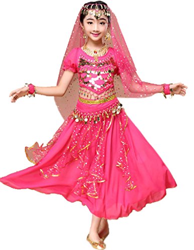 Astage Niña Traje Danza del Vientre Lentejuelas Danza India Halloween Disfraz Rosa Oscura XS