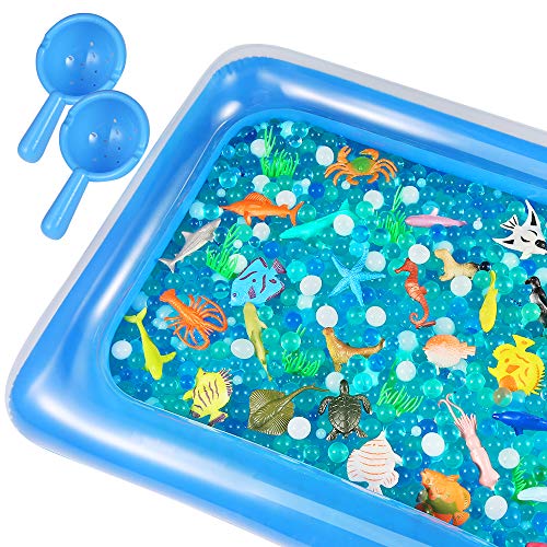 Auihiay - Juego de 48 Piezas de Animales Marinos Que Incluyen Alfombrilla de Agua Inflable con Animales del océano y Cuentas de Agua del océano, Juguetes sensoriales para la educación de los niños