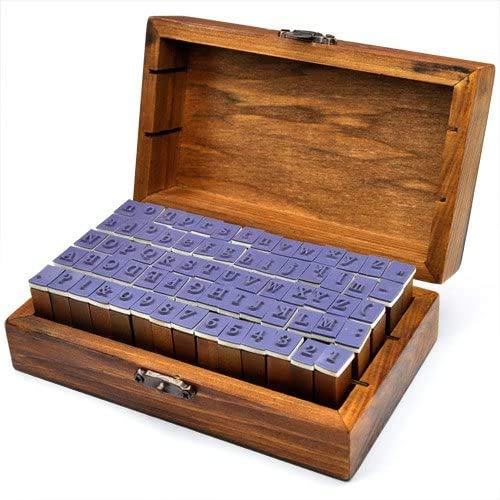 Auped 70 Piezas Sellos de Alfabeto Goma y Madera con Caja Organizar y Guardar por Letras Números y Signos Puntuación Set Letras Completo para Artes, Manualidades, Hacer Tarjetas y Más.