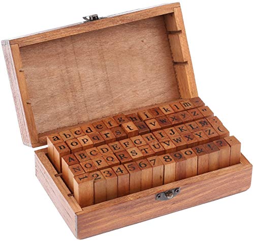 Auped 70 Piezas Sellos de Alfabeto Goma y Madera con Caja Organizar y Guardar por Letras Números y Signos Puntuación Set Letras Completo para Artes, Manualidades, Hacer Tarjetas y Más.