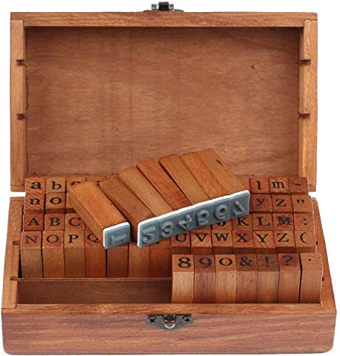 Auped 70 Piezas Sellos de Alfabeto Goma y Madera con Caja Organizar y Guardar por Letras Números y Signos Puntuación Set Letras Completo para Artes, Manualidades, Hacer Tarjetas y Más.