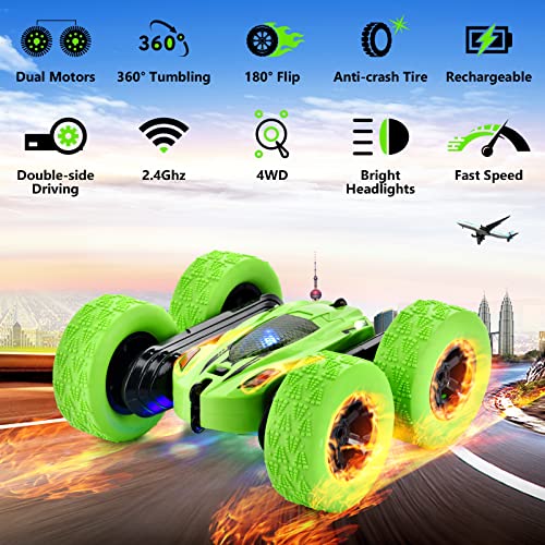 Auvusu Coche Teledirigido, 4WD 2.4GHz RC Stunt Coche Toy, 360° Coche de Acrobacias con Rotación de Doble Cara, Batería Recargable, Luz LED, Apto para Diversos Terrenos