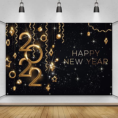 AWERT 1,8x1,1m Feliz año nuevo Bandera Negro Oro 2022 Espumoso Brillantina Estrellas por 2022 Año Nuevo Celebracion Fiesta Bandera Invierno Navidad Fiesta Fondo Suministros