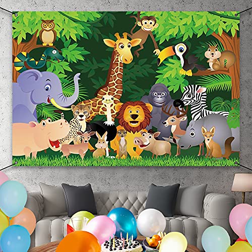 AWERT Poliéster 1,8 x 1,1m Cartoon Selva Animales Banner Selva Safari Tema Cumpleaños Banner Cartoon Elefante Jirafa León Bosque Cumpleaños Fiesta Decoraciones Fondo