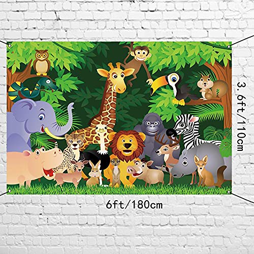 AWERT Poliéster 1,8 x 1,1m Cartoon Selva Animales Banner Selva Safari Tema Cumpleaños Banner Cartoon Elefante Jirafa León Bosque Cumpleaños Fiesta Decoraciones Fondo