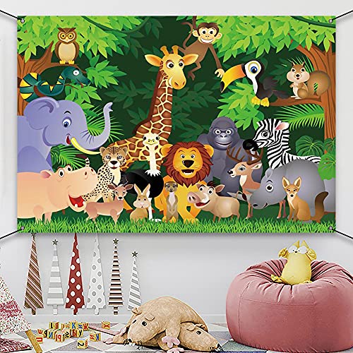 AWERT Poliéster 1,8 x 1,1m Cartoon Selva Animales Banner Selva Safari Tema Cumpleaños Banner Cartoon Elefante Jirafa León Bosque Cumpleaños Fiesta Decoraciones Fondo