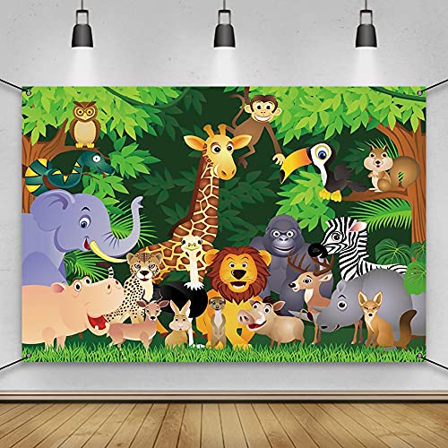 AWERT Poliéster 1,8 x 1,1m Cartoon Selva Animales Banner Selva Safari Tema Cumpleaños Banner Cartoon Elefante Jirafa León Bosque Cumpleaños Fiesta Decoraciones Fondo