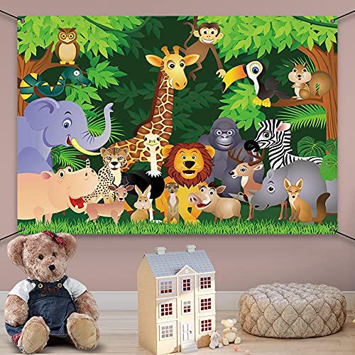 AWERT Poliéster 1,8 x 1,1m Cartoon Selva Animales Banner Selva Safari Tema Cumpleaños Banner Cartoon Elefante Jirafa León Bosque Cumpleaños Fiesta Decoraciones Fondo