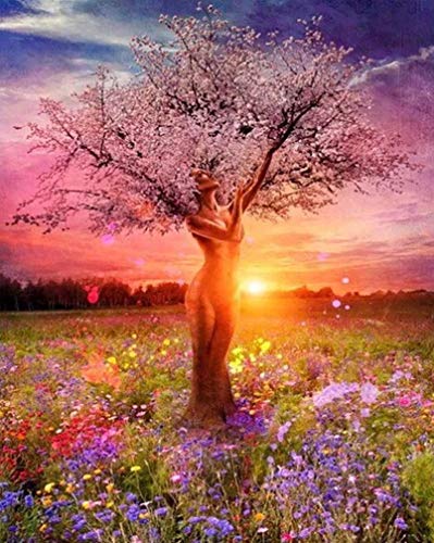 Awesocrafts Kit de pintura numérica, árbol de mujer, flores amanecer, pintura de prado por número 40,6 x 50,8 cm, para adultos y niños (árbol de mujer)