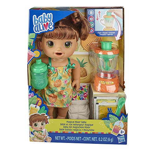 Baby Alive Magical Mixer Baby Doll Tropical Treat con Accesorios de licuadora, Bebidas, mojados, Come, Juguete de Pelo marrón para niños de 3 años en adelante