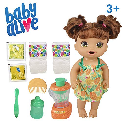 Baby Alive Magical Mixer Baby Doll Tropical Treat con Accesorios de licuadora, Bebidas, mojados, Come, Juguete de Pelo marrón para niños de 3 años en adelante