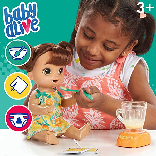 Baby Alive Magical Mixer Baby Doll Tropical Treat con Accesorios de licuadora, Bebidas, mojados, Come, Juguete de Pelo marrón para niños de 3 años en adelante