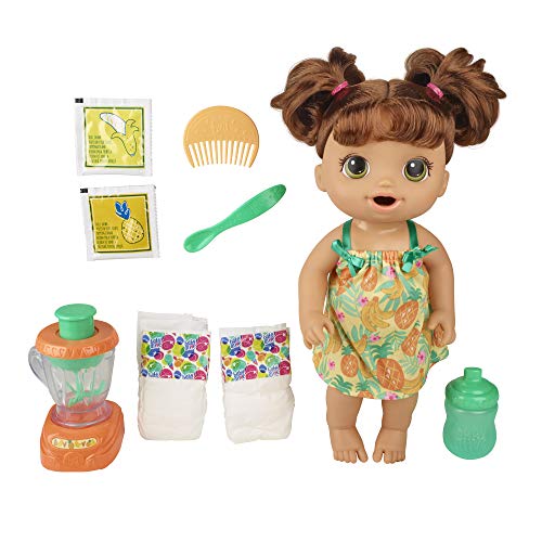 Baby Alive Magical Mixer Baby Doll Tropical Treat con Accesorios de licuadora, Bebidas, mojados, Come, Juguete de Pelo marrón para niños de 3 años en adelante