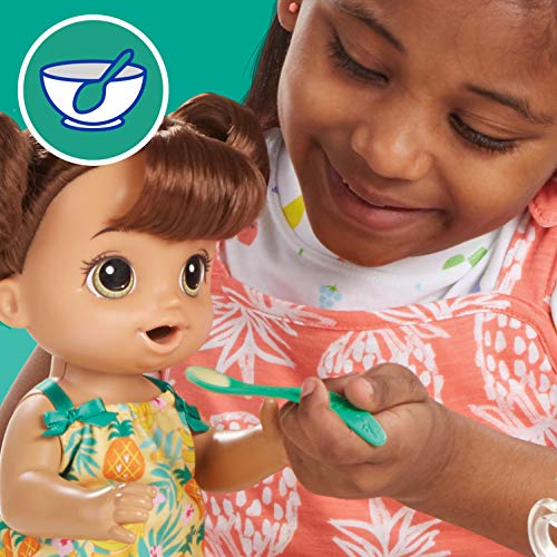 Baby Alive Magical Mixer Baby Doll Tropical Treat con Accesorios de licuadora, Bebidas, mojados, Come, Juguete de Pelo marrón para niños de 3 años en adelante