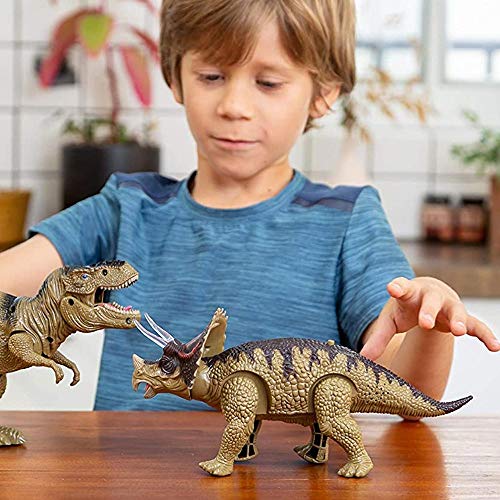 BAKAJI Dinosaurio Triceratops - Juguete para niños con cuernos y ojos luminosos, efectos sonoros a pilas, 2 colores surtidos, tamaño 20 x 10 cm