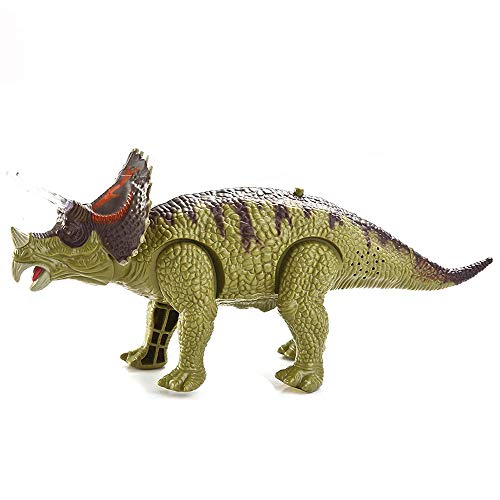 BAKAJI Dinosaurio Triceratops - Juguete para niños con cuernos y ojos luminosos, efectos sonoros a pilas, 2 colores surtidos, tamaño 20 x 10 cm