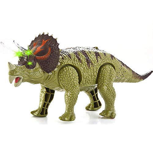 BAKAJI Dinosaurio Triceratops - Juguete para niños con cuernos y ojos luminosos, efectos sonoros a pilas, 2 colores surtidos, tamaño 20 x 10 cm