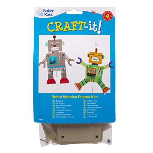 Baker Ross- Kits de marionetas de madera con forma de robot (Pack de 4) Robots con brazos y piernas móviles -manualidades infantiles para crear