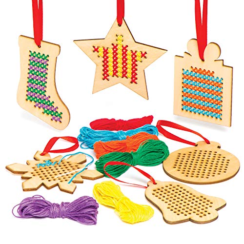 Baker Ross Kits de punto de cruz de decoración de madera navideña - Ideal para manualidades, regalos, recuerdos y más para niños (paquete de 6)