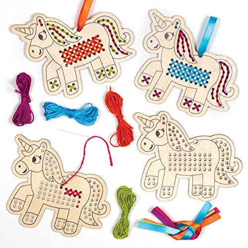 Baker Ross Kits de punto de cruz de madera Unicornio (Pack de 5) - Ideales para manualidades y decoraciones navideñas