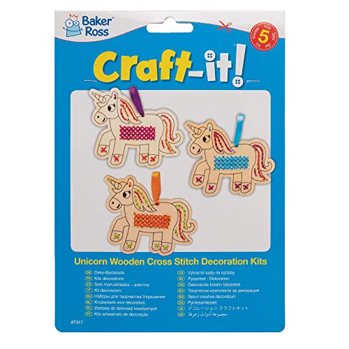 Baker Ross Kits de punto de cruz de madera Unicornio (Pack de 5) - Ideales para manualidades y decoraciones navideñas