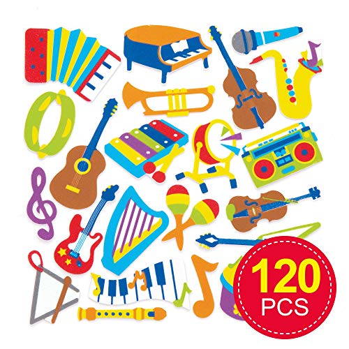 Baker Ross- Pegatinas de espuma con forma de instrumentos musicales (Pack de 120) - Pegatinas de espuma con temática de instrumentos musicales en divertidas formas para pegar en álbumes de recortes