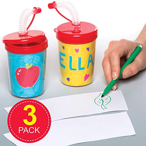 Baker Ross Vasos con pajita flexible que los niños pueden colorear y decorar - Perfectos para bolsas sorpresa de fiestas infantiles (pack de 3)