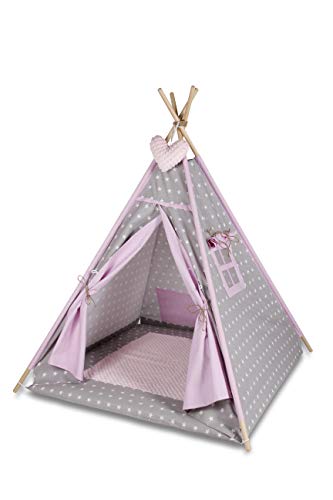 Bambi® Teepee - Cortina de tela india para habitación infantil con alfombra y 3 bonitos cojines, color rosa claro.