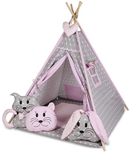 Bambi® Teepee - Cortina de tela india para habitación infantil con alfombra y 3 bonitos cojines, color rosa claro.