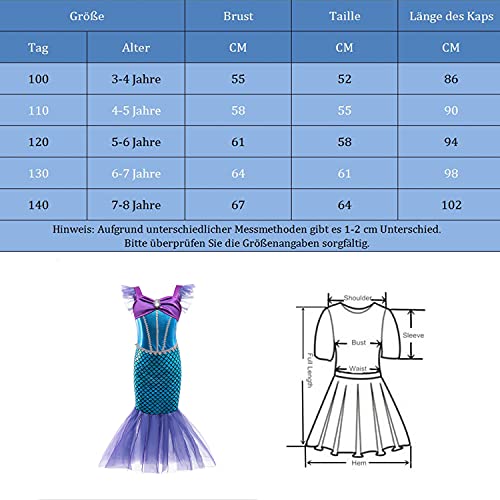 BanKids Disfraz de sirena para niñas, disfraz de Ariel para niña, vestido de princesa, vestido de sirena, 6-7 años (140,K52)