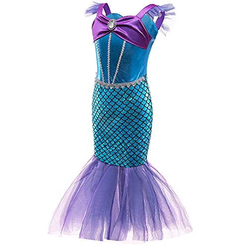 BanKids Disfraz de sirena para niñas, disfraz de Ariel para niña, vestido de princesa, vestido de sirena, 6-7 años (140,K52)