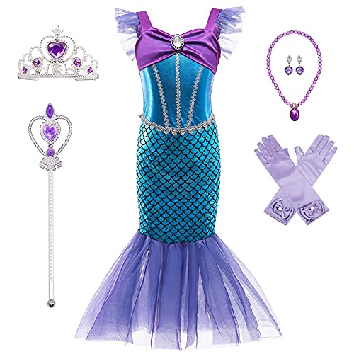 BanKids Disfraz de sirena para niñas, disfraz de Ariel para niña, vestido de princesa, vestido de sirena, 6-7 años (140,K52)