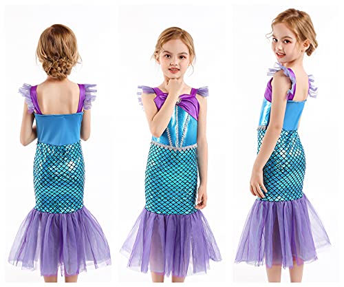 BanKids Disfraz de sirena para niñas, disfraz de Ariel para niña, vestido de princesa, vestido de sirena, 6-7 años (140,K52)