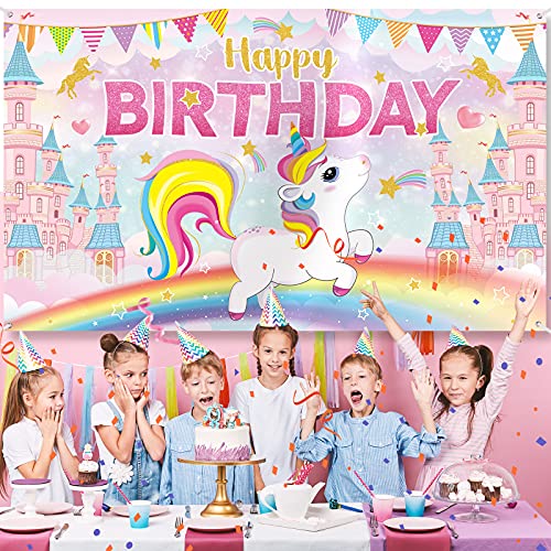 Banner de Fondo de Happy Birthday de Unicornio Fondo de Fiesta de Cumpleaños de Unicornio Fondo de Fotografía con Tema de Unicornio Nube Arcoíris Brillante Lindo, 72,8 x 43,3 Pulgadas