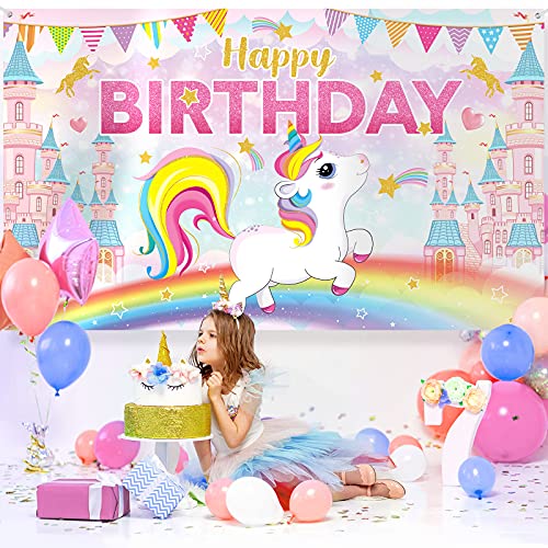 Banner de Fondo de Happy Birthday de Unicornio Fondo de Fiesta de Cumpleaños de Unicornio Fondo de Fotografía con Tema de Unicornio Nube Arcoíris Brillante Lindo, 72,8 x 43,3 Pulgadas