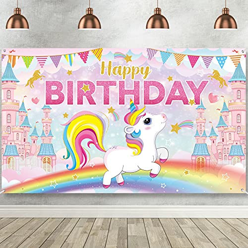 Banner de Fondo de Happy Birthday de Unicornio Fondo de Fiesta de Cumpleaños de Unicornio Fondo de Fotografía con Tema de Unicornio Nube Arcoíris Brillante Lindo, 72,8 x 43,3 Pulgadas