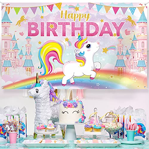 Banner de Fondo de Happy Birthday de Unicornio Fondo de Fiesta de Cumpleaños de Unicornio Fondo de Fotografía con Tema de Unicornio Nube Arcoíris Brillante Lindo, 72,8 x 43,3 Pulgadas