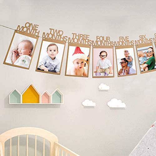 Banner de Foto de Cumpleaños, Bebé Primer Año Marco Bunting Guirnalda, 12 Meses Mensual Fotografía Accesorios Papel Kraft para Decoración Fiesta, Baby Shower, Bautismo, Bautizo, Comunión