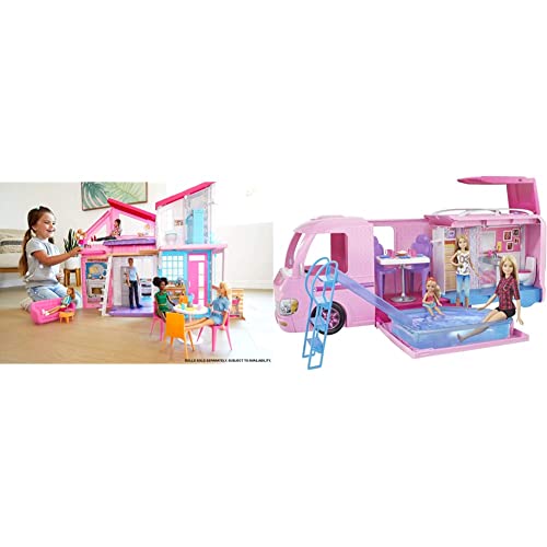 Barbie Casa Malibu, casa de muñecas de Dos Pisos Plegable con Muebles y Accesorios, Regalo para niñas y niños 3-9 años (Mattel FXG57) + Supercaravana de Autocaravana FBR34