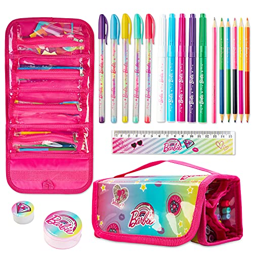 Barbie Estuche Escolar Para Niña, Material Escolar Con Boligrafos Gel, Reglas Escolares Y Lapices De Colores