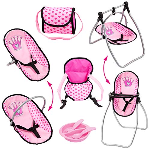 Bayer Design- Kit 9 en 1 Vario, Accesorios para muñecas con Porta, Bolsa Bandolera, Trona Convertible, Color Rosa, con Corazones y Corona (63698AB)