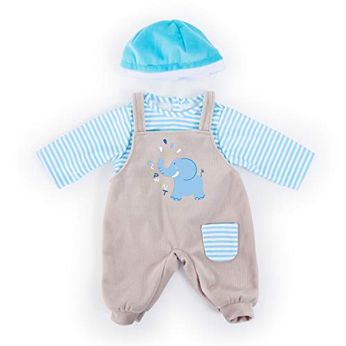 Bayer Design- Ropa 42 a 46cm, Accesorios para muñeca, pantalón con Peto, Top y Gorra, Conjunto, Traje con Elefante, Color azul, gris con rayas (84676AA) , color/modelo surtido