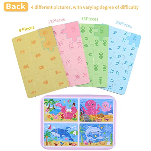 BBLIKE Jigsaw Wooden Puzzles Toy in a Box for Kids, Pack of 4 with Varying Degree of Difficulty Educational Learning Tool Best Birthday Present for Boys Girls (Criaturas del Mar)