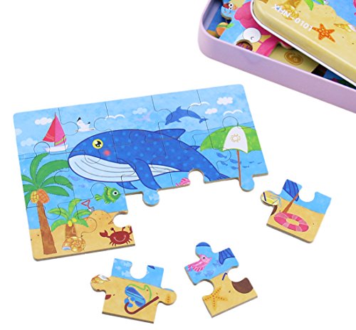 BBLIKE Jigsaw Wooden Puzzles Toy in a Box for Kids, Pack of 4 with Varying Degree of Difficulty Educational Learning Tool Best Birthday Present for Boys Girls (Criaturas del Mar)