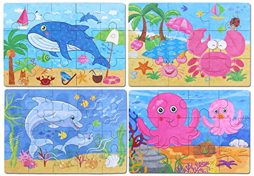 BBLIKE Jigsaw Wooden Puzzles Toy in a Box for Kids, Pack of 4 with Varying Degree of Difficulty Educational Learning Tool Best Birthday Present for Boys Girls (Criaturas del Mar)