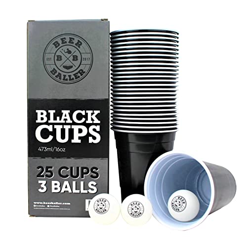 BeerBaller® Black Cups | Beer Pong Set Incl. 25 Vasos Beer Pong Negro y 3 Pelotas Beer Pong | 473ml 16oz - ¡Tazas de Fiesta Americanas Originales!