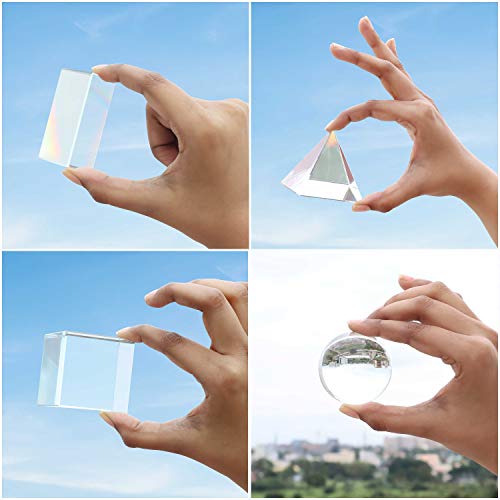 BELLE VOUS Prisma de Cristal K9 Triangulo, Esfera, Pirámide y Cubo (Pack de 4) - Refractor Prisma para Fotos - Bolsa, Paño de Microfibra y Caja de Regalo - Lente Transparente Física Espectro de Luz