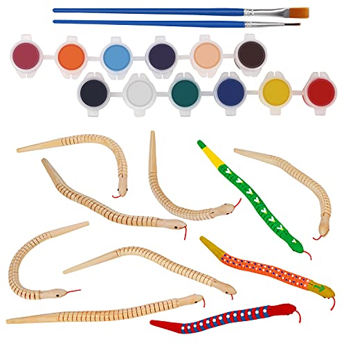 Belle Vous Serpiente Juguete de Madera Sin Acabado (Pack de 10) – Figuras para Pintar en Blanco con Pintura y Pinceles – Serpiente Flexible para Halloween/Fiesta de Cumpleaños, Manualidades de Niños