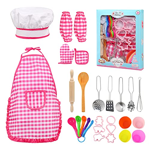 BelleStyle Juguetes de Cocina para niños, 28 Piezas Juguetes de Chef para Niños, Chef Set Delantales para niños, Cocina y horneado Juego con Delantal Gorro de Cocinero y Utensilios Regalo de niña